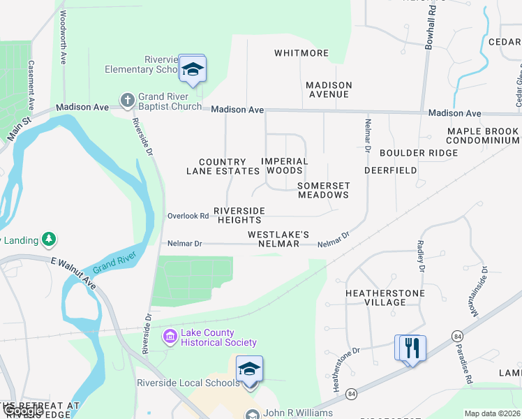 map of restaurants, bars, coffee shops, grocery stores, and more near 123 Overlook Road in Painesville