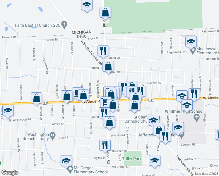 map of restaurants, bars, coffee shops, grocery stores, and more near 5860 Secor Road in Toledo