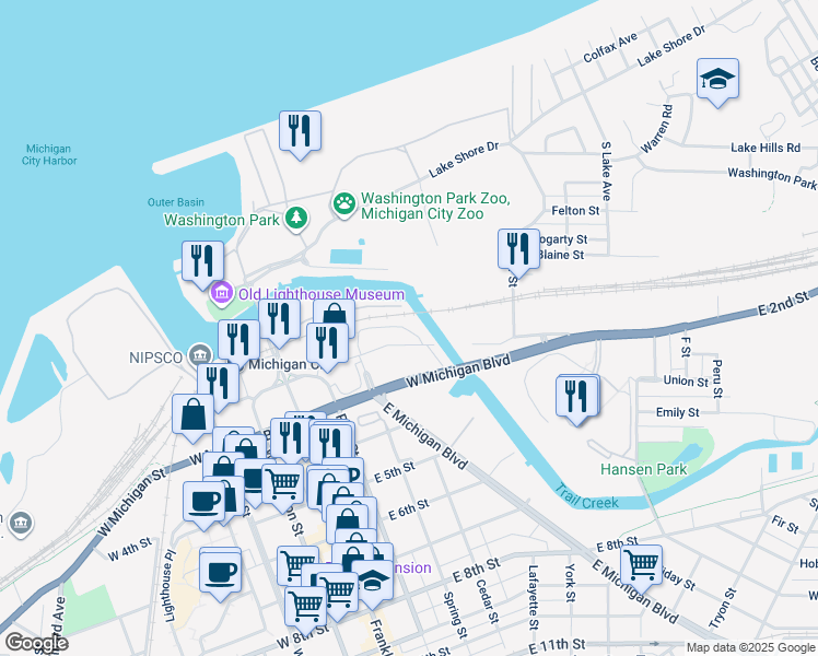 map of restaurants, bars, coffee shops, grocery stores, and more near Taylor St in Michigan City