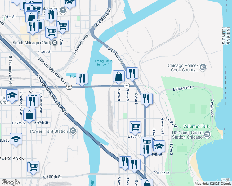 map of restaurants, bars, coffee shops, grocery stores, and more near 3433 East 95th Street in Chicago