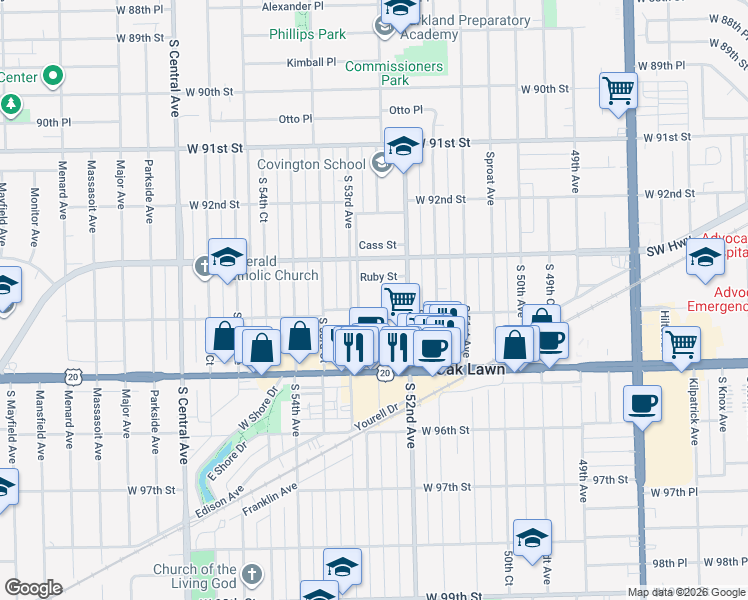 map of restaurants, bars, coffee shops, grocery stores, and more near 5213 Ruby Street in Oak Lawn