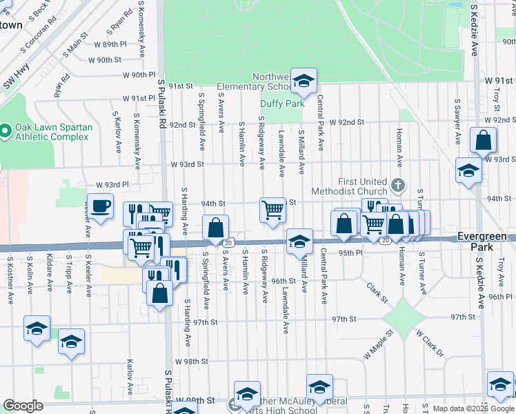 map of restaurants, bars, coffee shops, grocery stores, and more near 9358 South Ridgeway Avenue in Evergreen Park