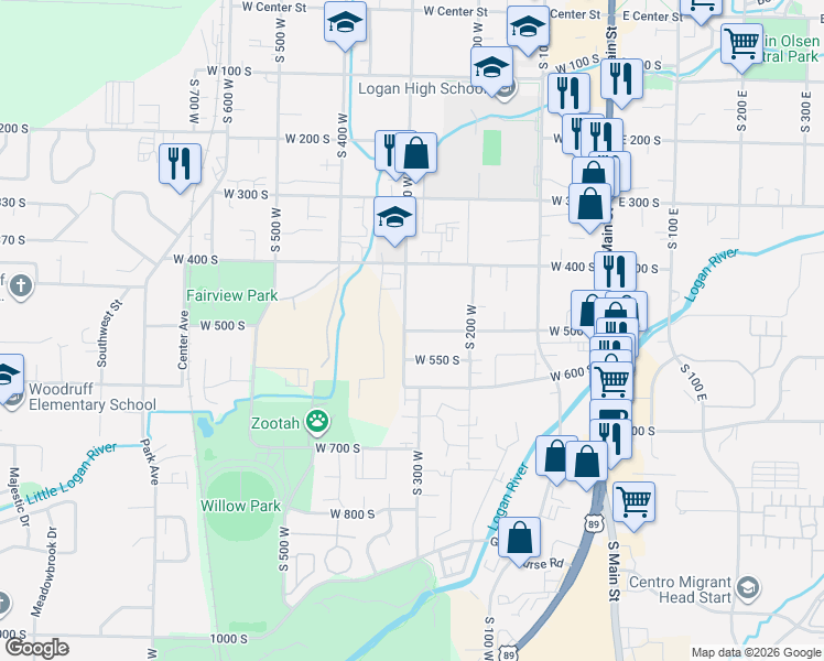 map of restaurants, bars, coffee shops, grocery stores, and more near 293 West 500 South in Logan