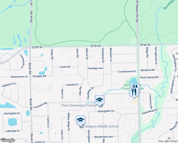 map of restaurants, bars, coffee shops, grocery stores, and more near 2304 Mecan Drive in Naperville
