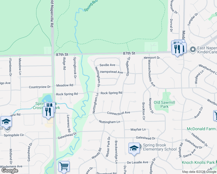 map of restaurants, bars, coffee shops, grocery stores, and more near 2285 Salisbury Drive in Naperville