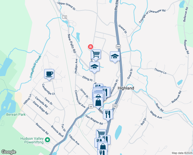 map of restaurants, bars, coffee shops, grocery stores, and more near 69 Main Street in Highland
