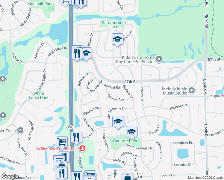 map of restaurants, bars, coffee shops, grocery stores, and more near 2619 Rutland Road in Naperville