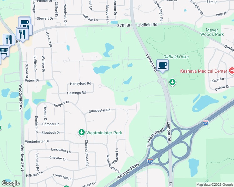 map of restaurants, bars, coffee shops, grocery stores, and more near 1127 Timber Trails Road in Downers Grove