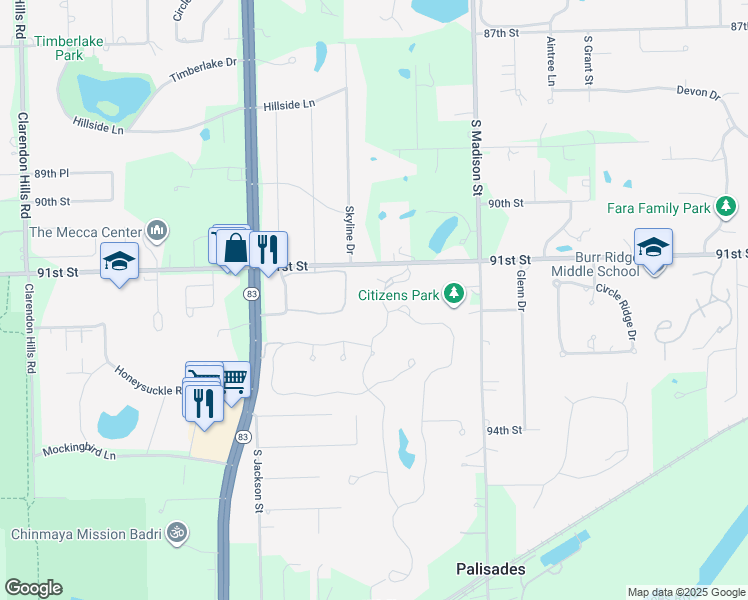 map of restaurants, bars, coffee shops, grocery stores, and more near 9150 Falling Waters Drive West in Burr Ridge