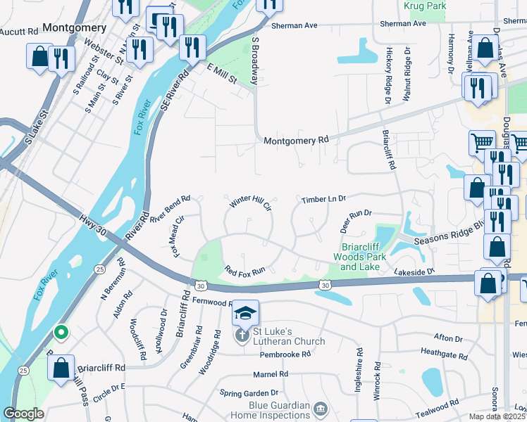map of restaurants, bars, coffee shops, grocery stores, and more near 79 Winter Hill Circle in Montgomery