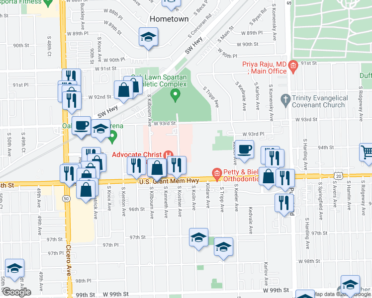 map of restaurants, bars, coffee shops, grocery stores, and more near 9401 South Kostner Avenue in Oak Lawn