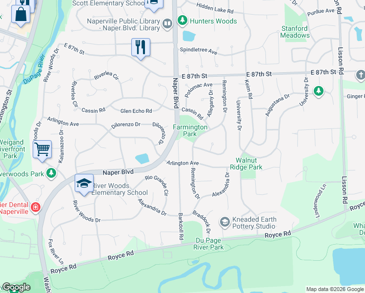 map of restaurants, bars, coffee shops, grocery stores, and more near 2401 Remington Drive in Naperville