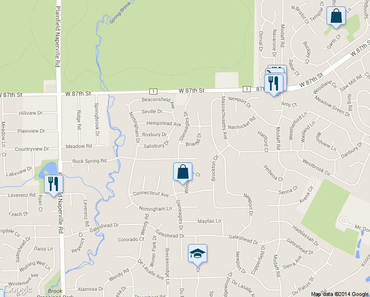 map of restaurants, bars, coffee shops, grocery stores, and more near 2308 Briarhill Dr in Naperville