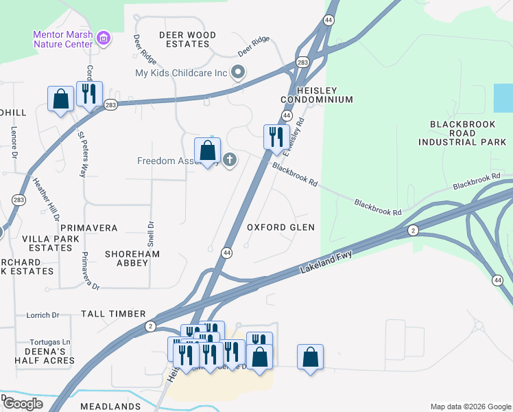 map of restaurants, bars, coffee shops, grocery stores, and more near 5444 East Heisley Road in Mentor