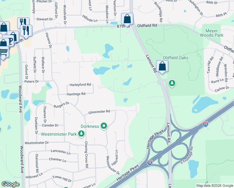 map of restaurants, bars, coffee shops, grocery stores, and more near 1127 Timber Trails Road in Downers Grove