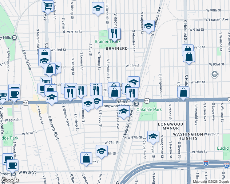 map of restaurants, bars, coffee shops, grocery stores, and more near 9419 South Elizabeth Street in Chicago