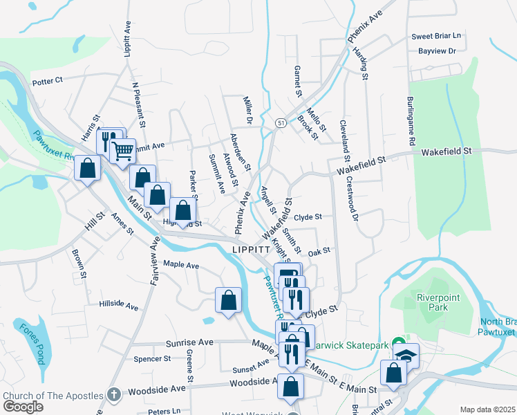 map of restaurants, bars, coffee shops, grocery stores, and more near 23 Bettez Street in West Warwick