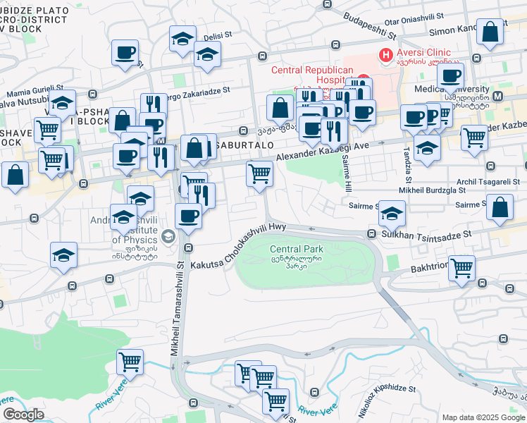 map of restaurants, bars, coffee shops, grocery stores, and more near 6 Givi Kartozia Street in T'bilisi