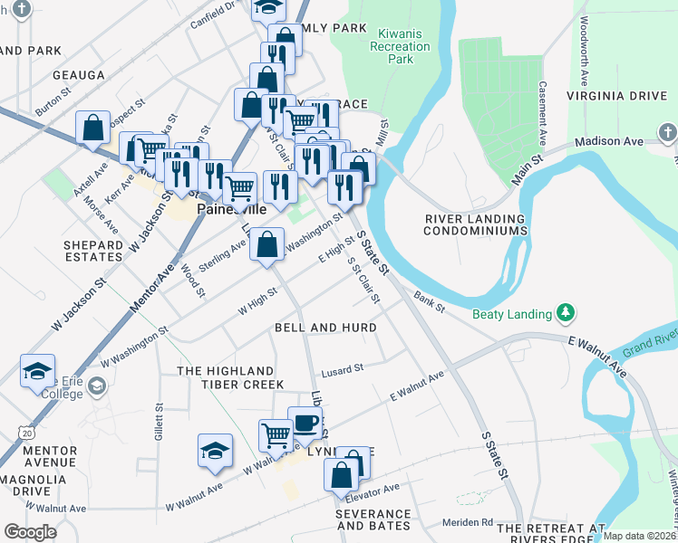 map of restaurants, bars, coffee shops, grocery stores, and more near 185 South Saint Clair Street in Painesville