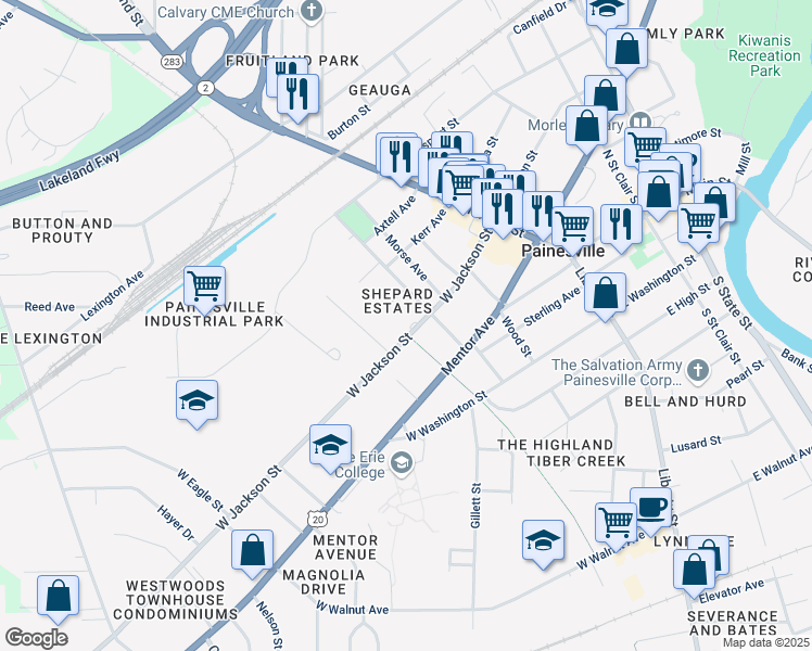map of restaurants, bars, coffee shops, grocery stores, and more near 200 West Jackson Street in Painesville