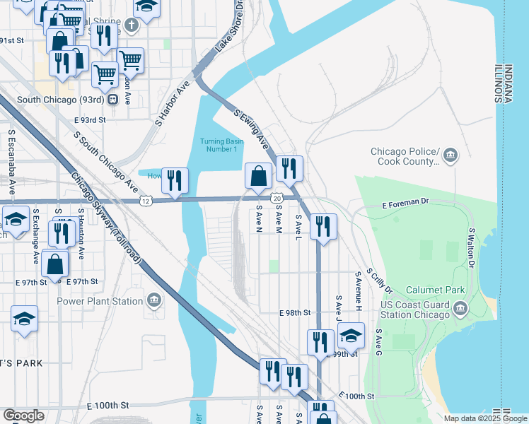 map of restaurants, bars, coffee shops, grocery stores, and more near 3505 East 95th Street in Chicago