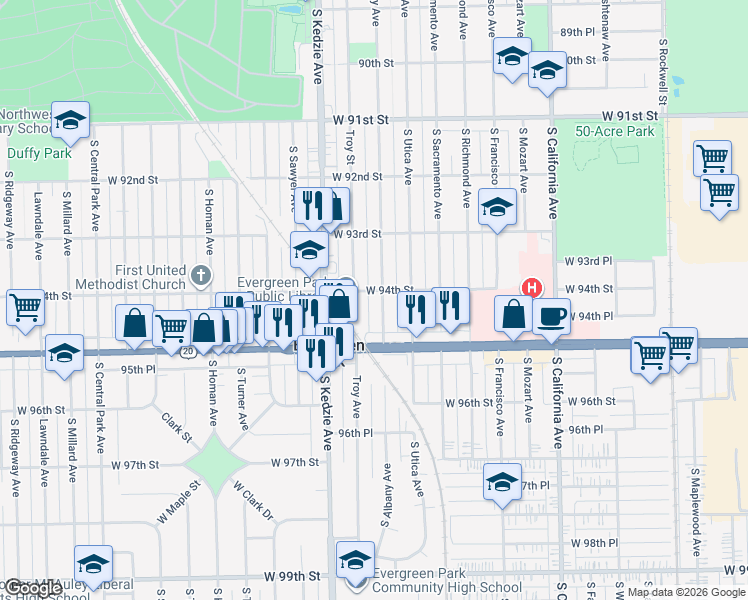 map of restaurants, bars, coffee shops, grocery stores, and more near 9401 South Troy Avenue in Evergreen Park