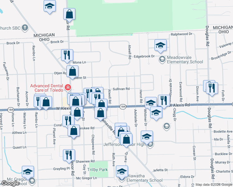 map of restaurants, bars, coffee shops, grocery stores, and more near 5852 Georgedale Road in Toledo