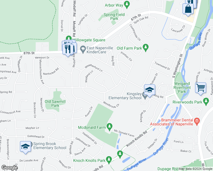map of restaurants, bars, coffee shops, grocery stores, and more near 2334 Woodview Lane in Naperville
