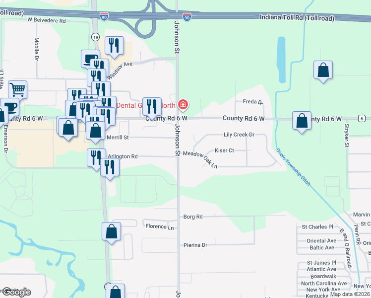 map of restaurants, bars, coffee shops, grocery stores, and more near 25923 Lily Creek Drive in Elkhart