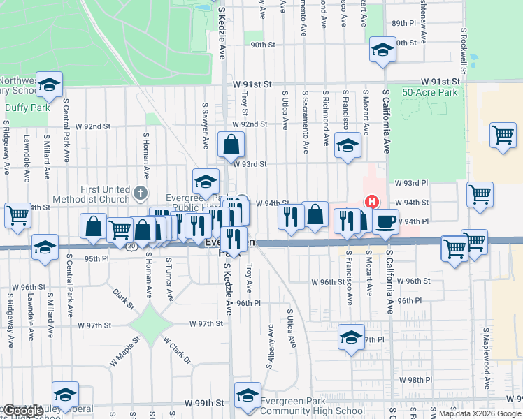 map of restaurants, bars, coffee shops, grocery stores, and more near 9401 South Troy Avenue in Evergreen Park