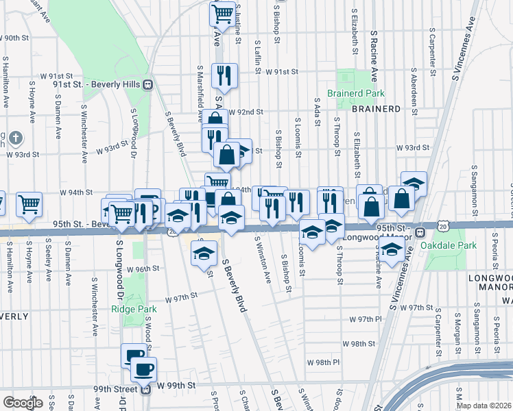 map of restaurants, bars, coffee shops, grocery stores, and more near 9422 South Laflin Street in Chicago