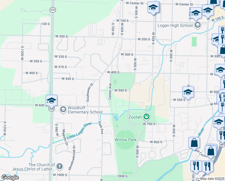 map of restaurants, bars, coffee shops, grocery stores, and more near 496 Park Avenue in Logan