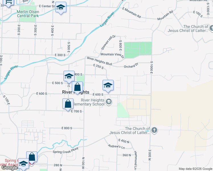 map of restaurants, bars, coffee shops, grocery stores, and more near 503 750 East in River Heights