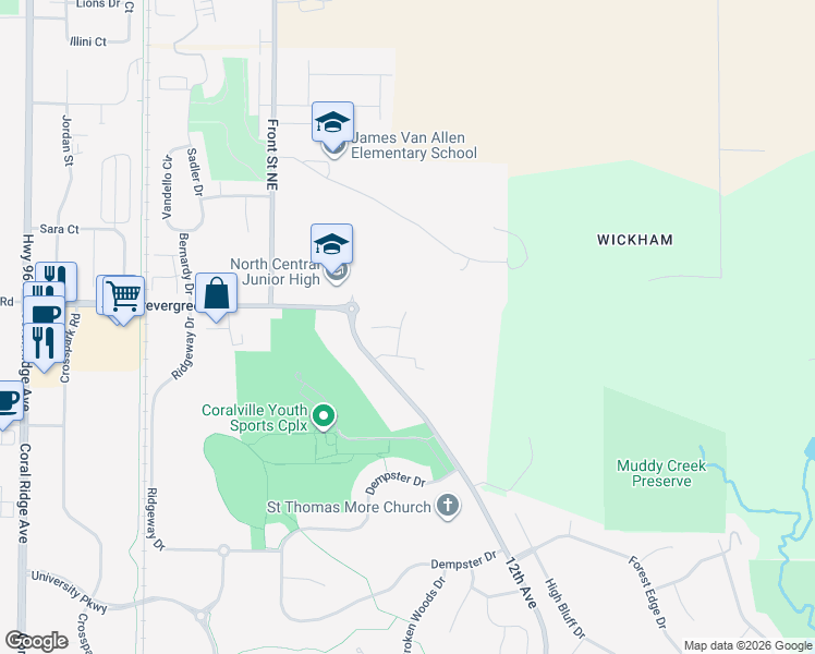 map of restaurants, bars, coffee shops, grocery stores, and more near 3241 Kelsey Lane in Coralville
