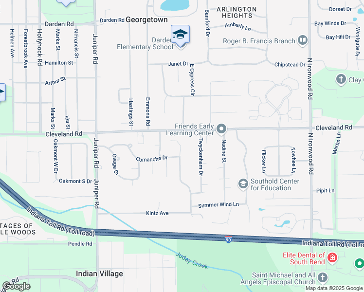 map of restaurants, bars, coffee shops, grocery stores, and more near 53043 Bracken Fern Court in South Bend