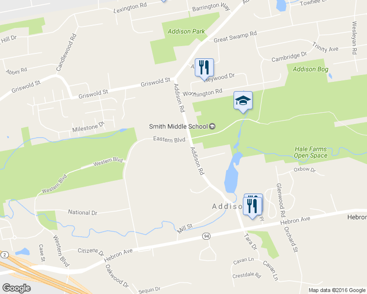 map of restaurants, bars, coffee shops, grocery stores, and more near 189 Addison Road in Glastonbury