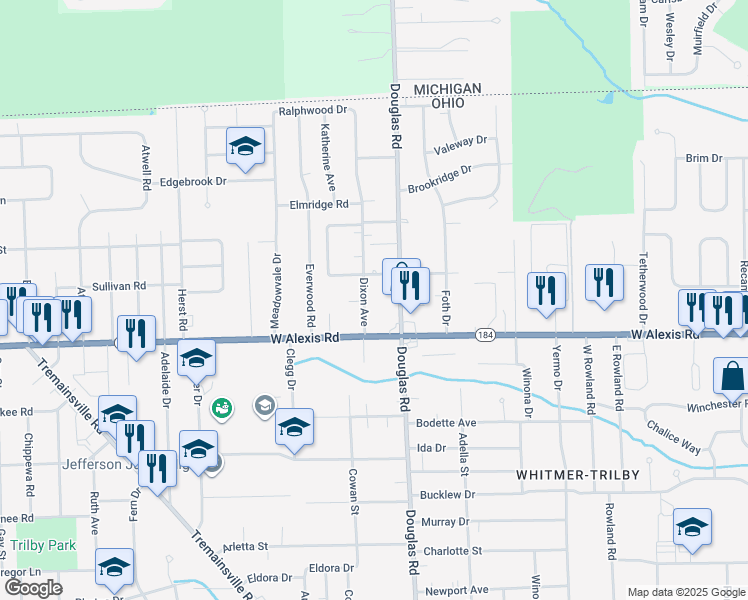 map of restaurants, bars, coffee shops, grocery stores, and more near 5849 Dixon Avenue in Toledo
