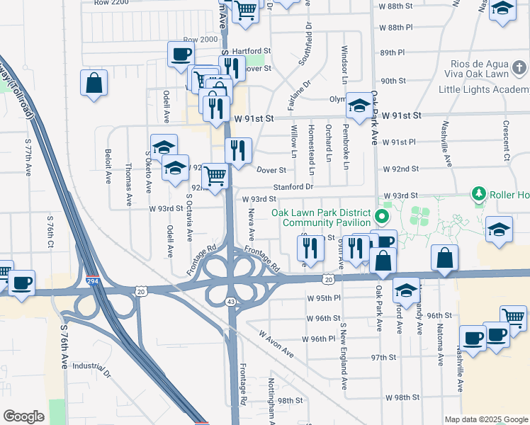 map of restaurants, bars, coffee shops, grocery stores, and more near 7110 West 93rd Place in Oak Lawn