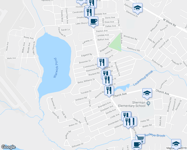 map of restaurants, bars, coffee shops, grocery stores, and more near 40 Royland Road in Warwick