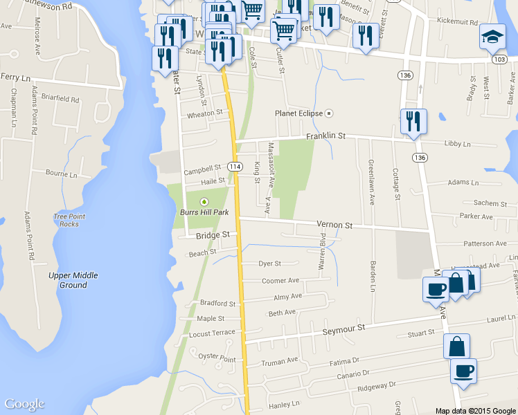 map of restaurants, bars, coffee shops, grocery stores, and more near 10 Taylor Street in Warren