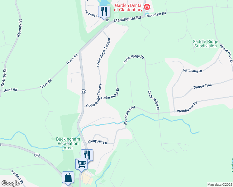 map of restaurants, bars, coffee shops, grocery stores, and more near Cedar Ridge Drive in Glastonbury