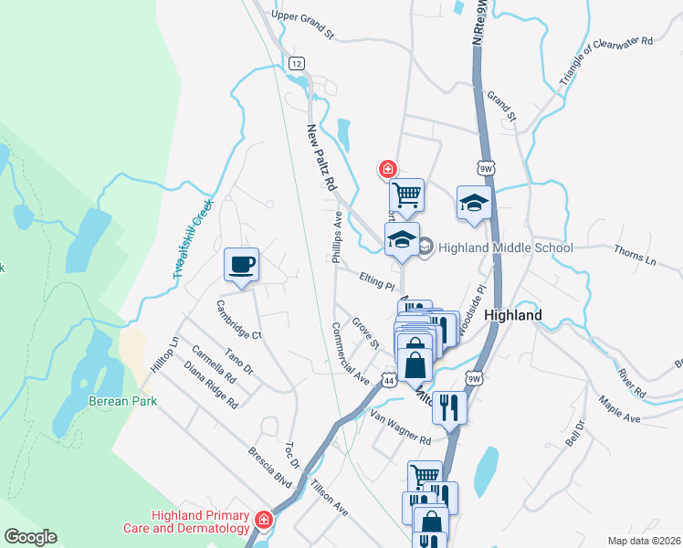 map of restaurants, bars, coffee shops, grocery stores, and more near 20 Elting Place in Highland