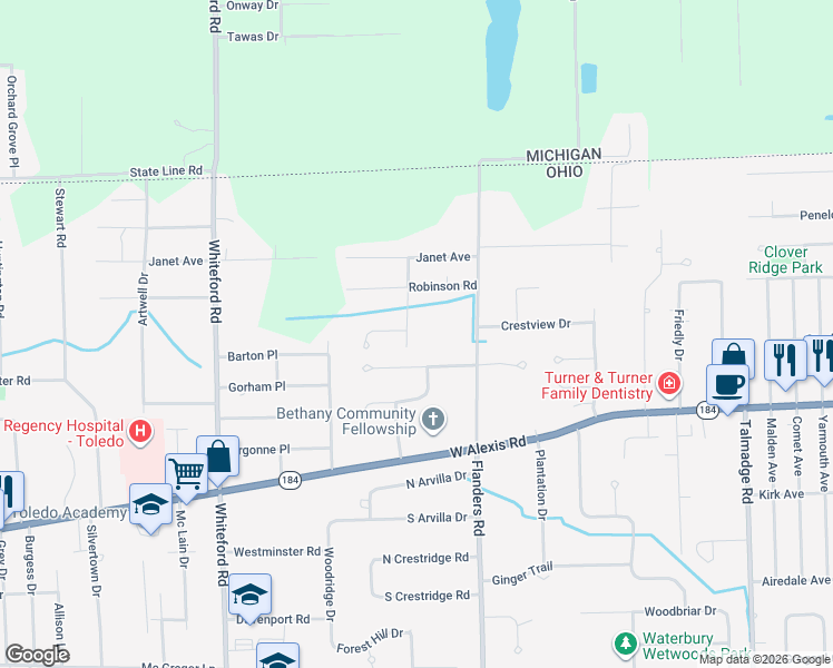map of restaurants, bars, coffee shops, grocery stores, and more near 5912 Brookson Road in Sylvania