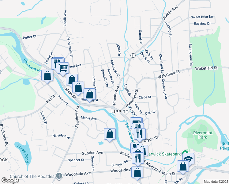 map of restaurants, bars, coffee shops, grocery stores, and more near 42 Phenix Avenue in West Warwick