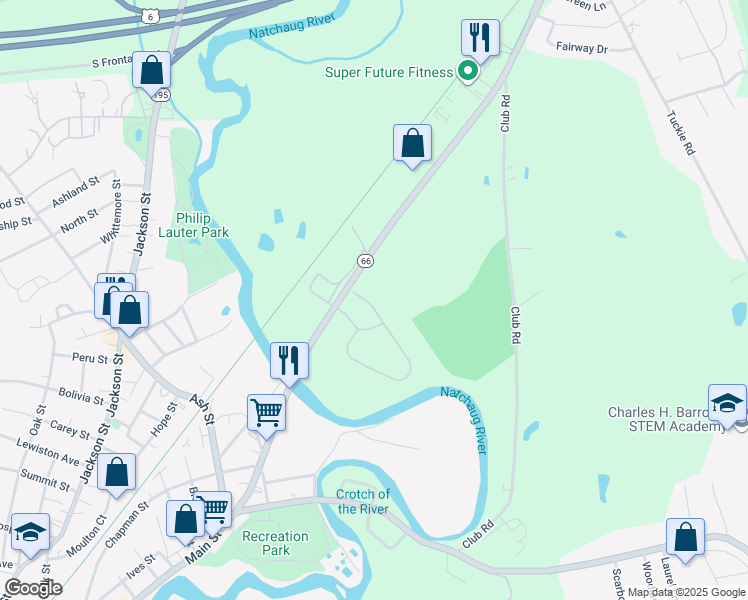 map of restaurants, bars, coffee shops, grocery stores, and more near 305 Jeffrey Road in Windham