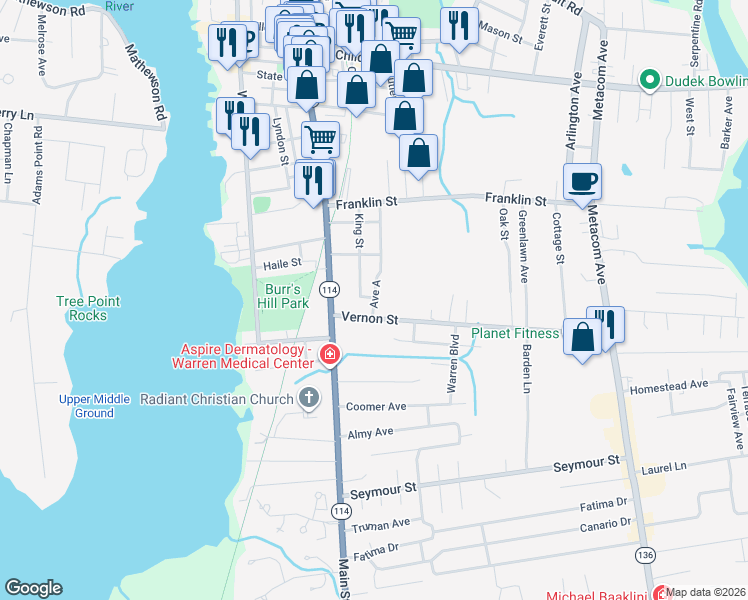 map of restaurants, bars, coffee shops, grocery stores, and more near 21 Ave A in Warren