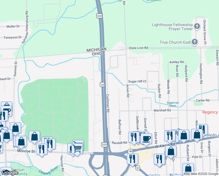 map of restaurants, bars, coffee shops, grocery stores, and more near 5930 Cushman Road in Sylvania