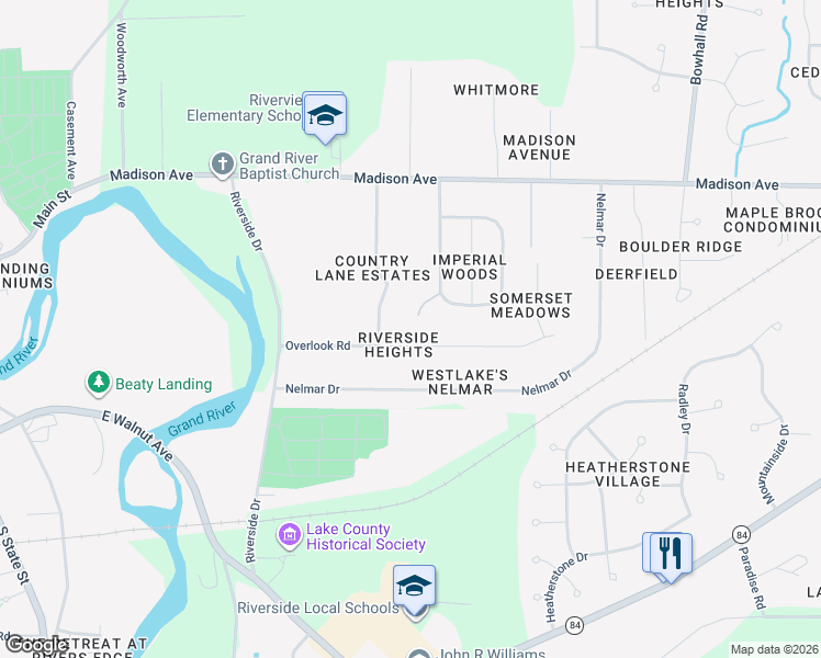 map of restaurants, bars, coffee shops, grocery stores, and more near 123 Overlook Road in Painesville