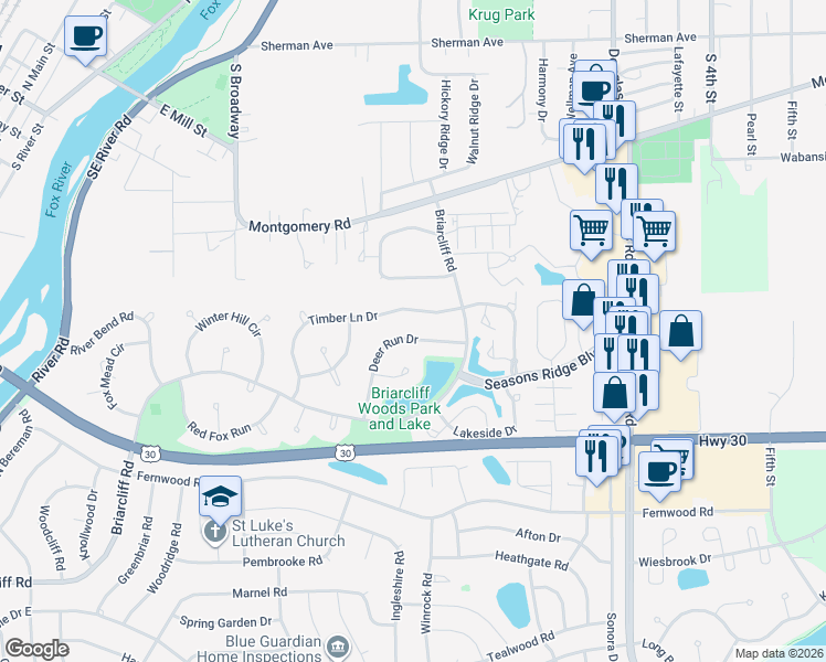 map of restaurants, bars, coffee shops, grocery stores, and more near 1723 Deer Run Drive in Montgomery
