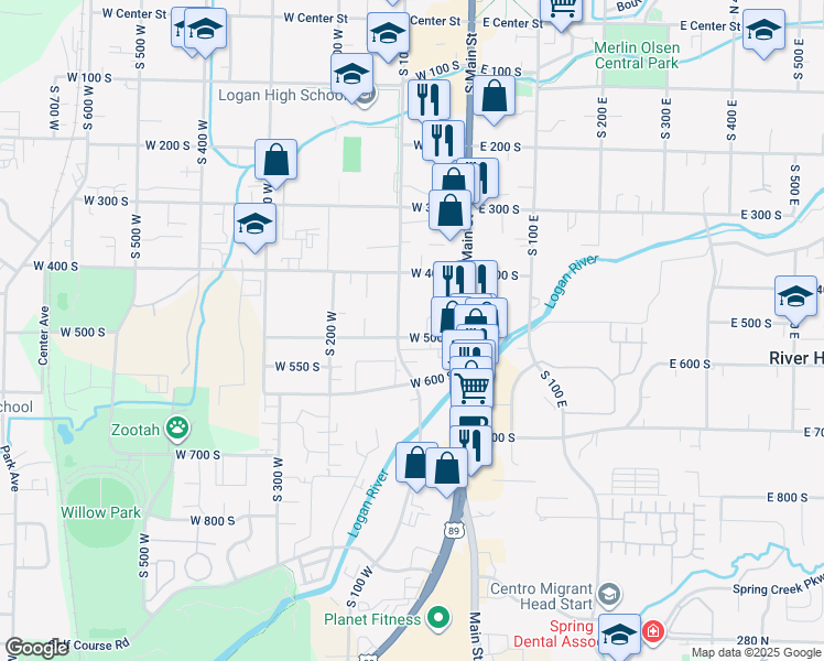 map of restaurants, bars, coffee shops, grocery stores, and more near 488 South 100 West in Logan